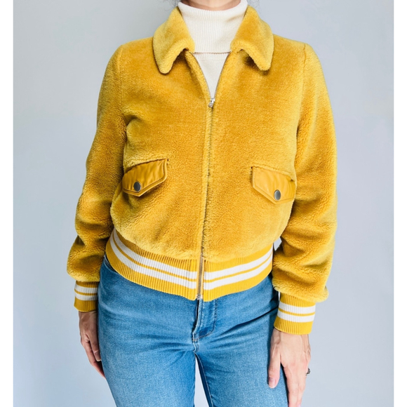 Samantha Sipos Shearling Bomber Jacket Collared Full Zip Pockets Size XS Yellow - Picture 16 of 16